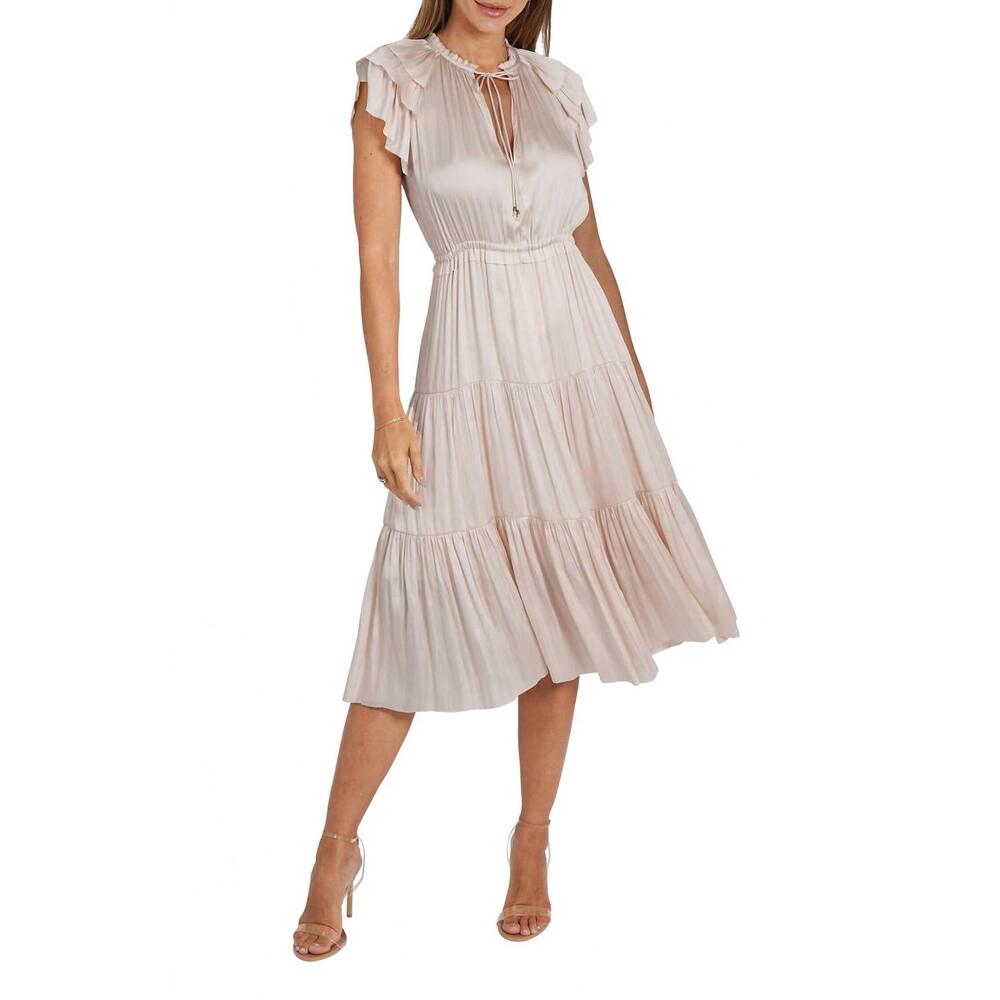 NEW LOVE TOKEN pamela ruffle trim midi dress in nude
